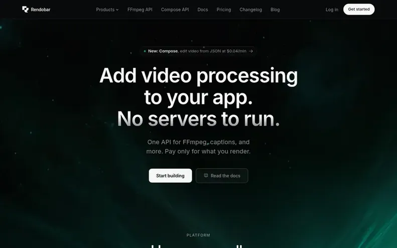 Screenshot of the Rendobar homepage