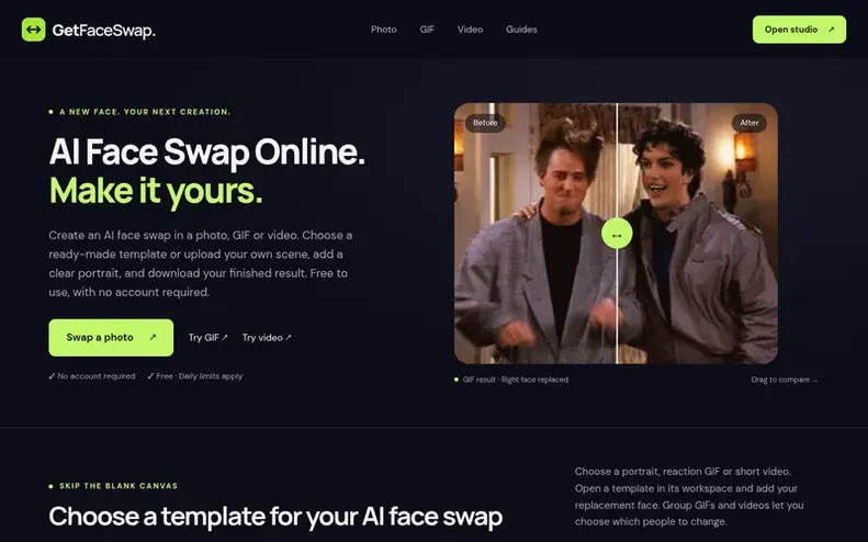 Screenshot of the GetFaceSwap homepage