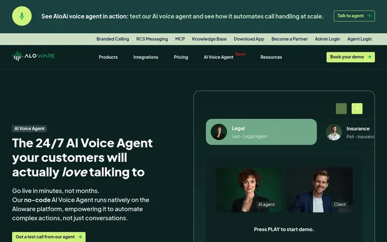 Screenshot of the Aloware homepage