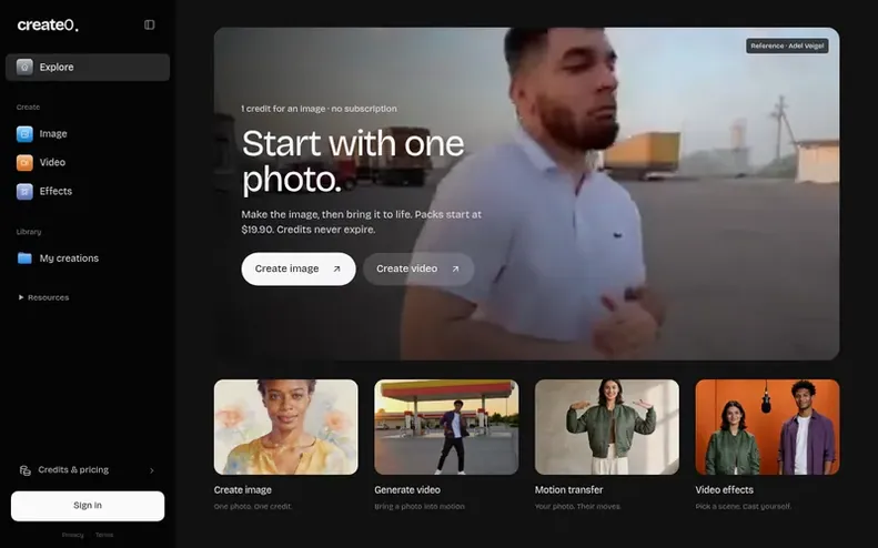 Screenshot of the Create0 homepage
