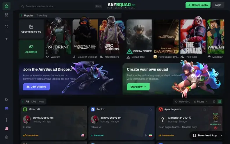 Screenshot of the AnySquad.gg homepage