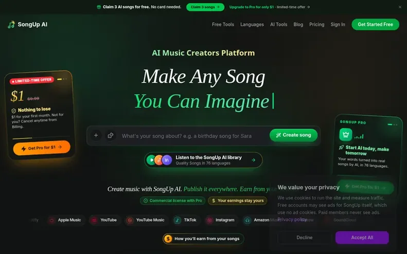 Screenshot of the SongUp AI homepage