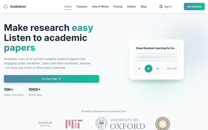 Screenshot of the Audiolizer homepage