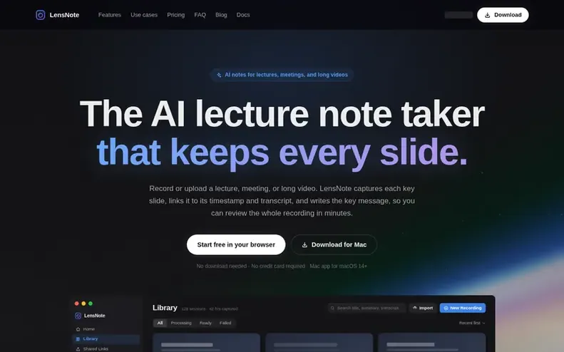 Screenshot of the LensNote homepage