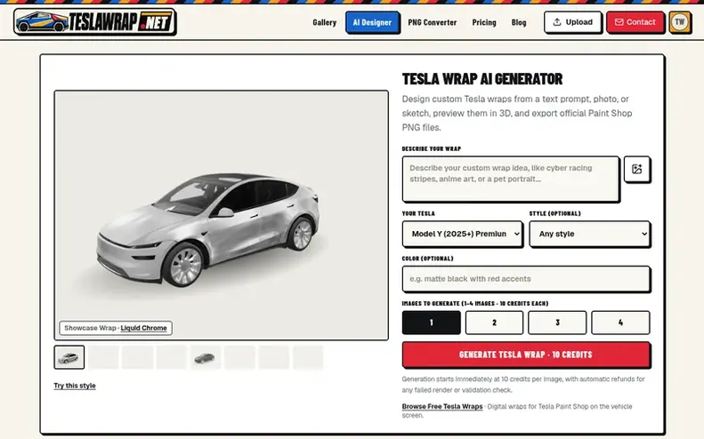 Screenshot of the Tesla Wrap homepage