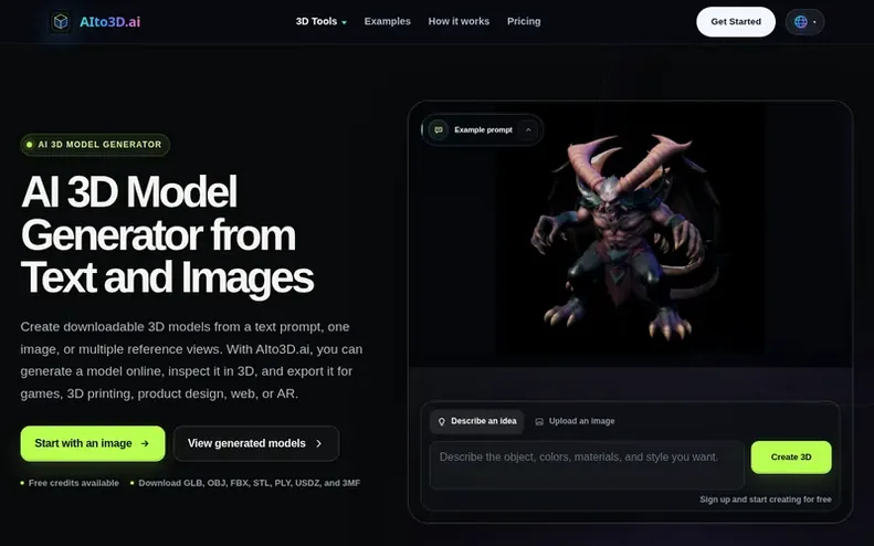Screenshot of the AIto3D.ai homepage
