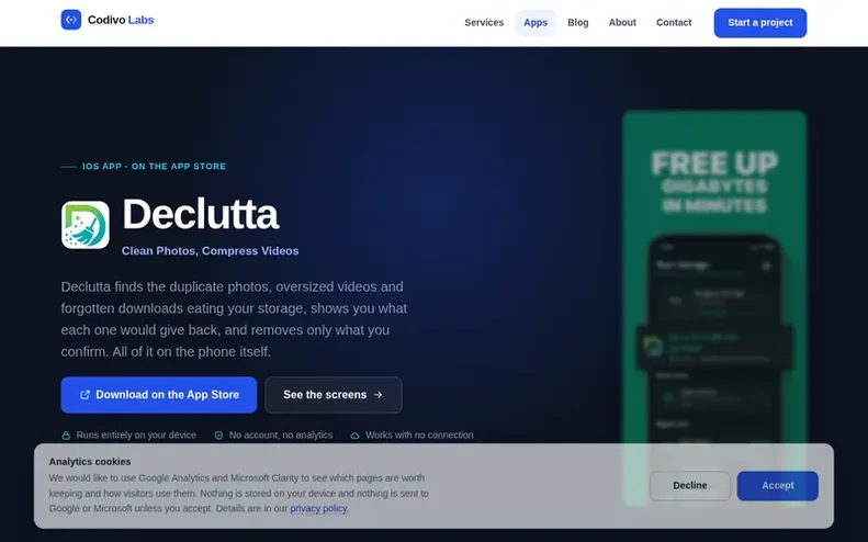 Screenshot of the Declutta homepage