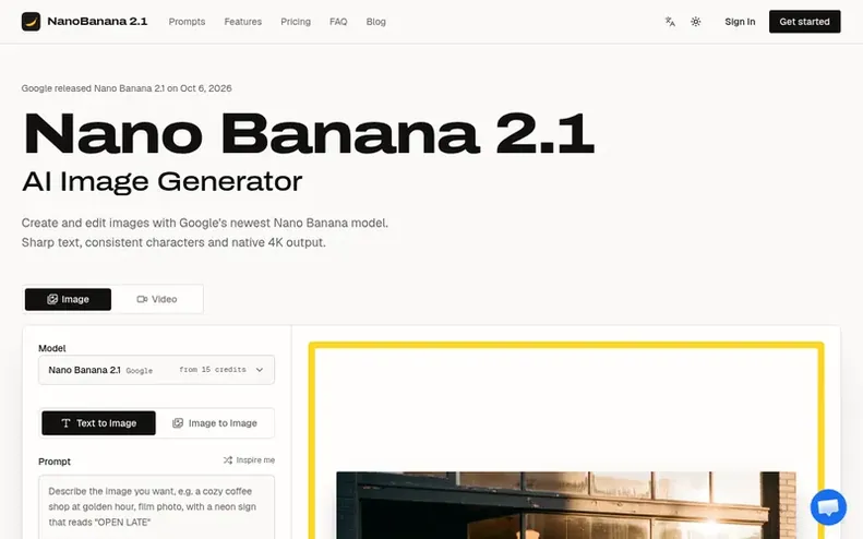 Screenshot of the Nano Banana 2.1 homepage