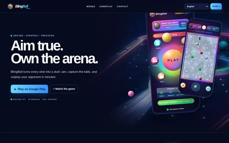 Screenshot of the BlingBall homepage