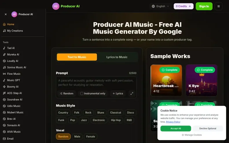 Screenshot of the Producer AI homepage