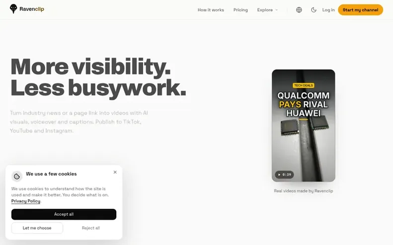 Screenshot of the Ravenclip homepage