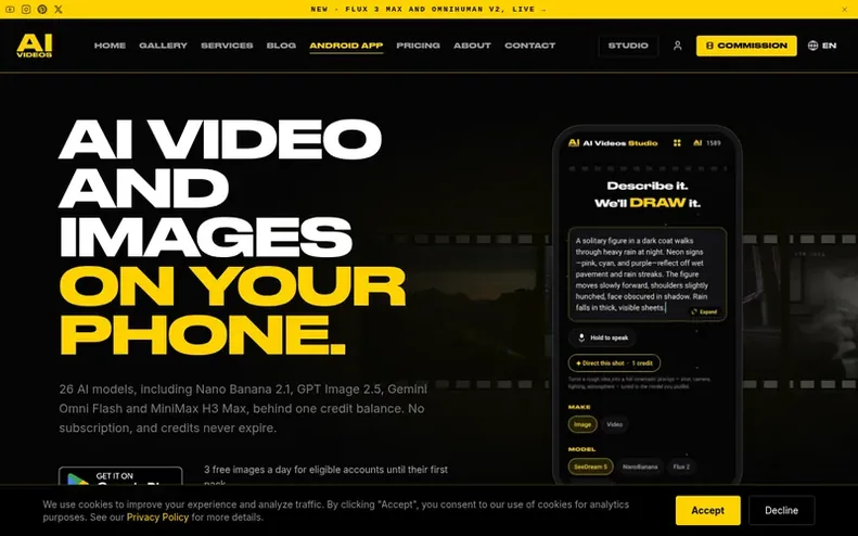 Screenshot of the AI Videos Studio homepage