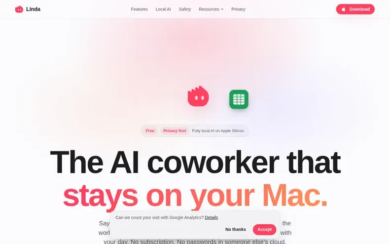 Screenshot of the Linda homepage