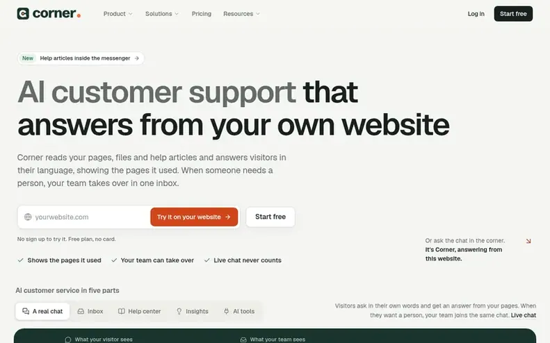 Screenshot of the Corner homepage