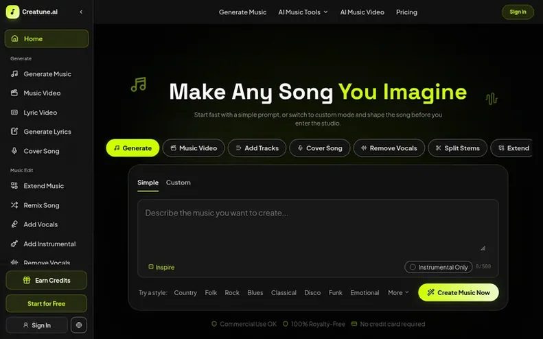 Screenshot of the Creatune homepage