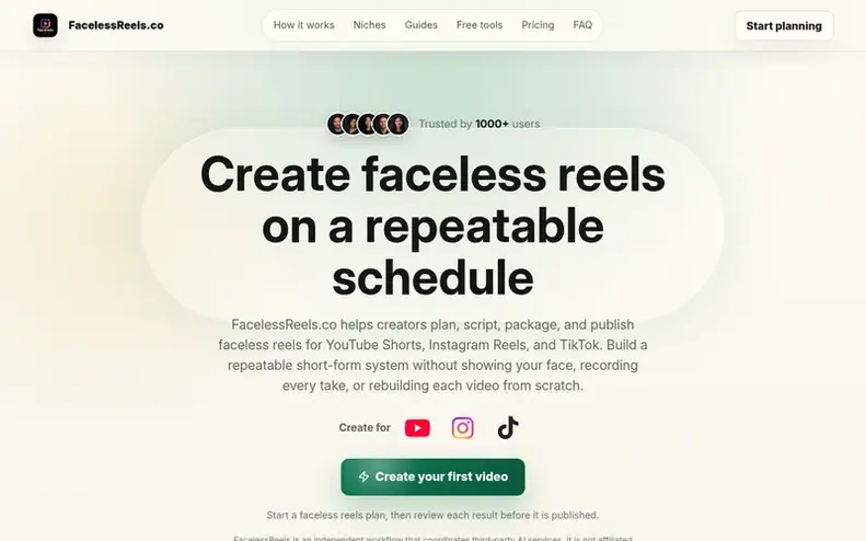 Screenshot of the Faceless Reels homepage