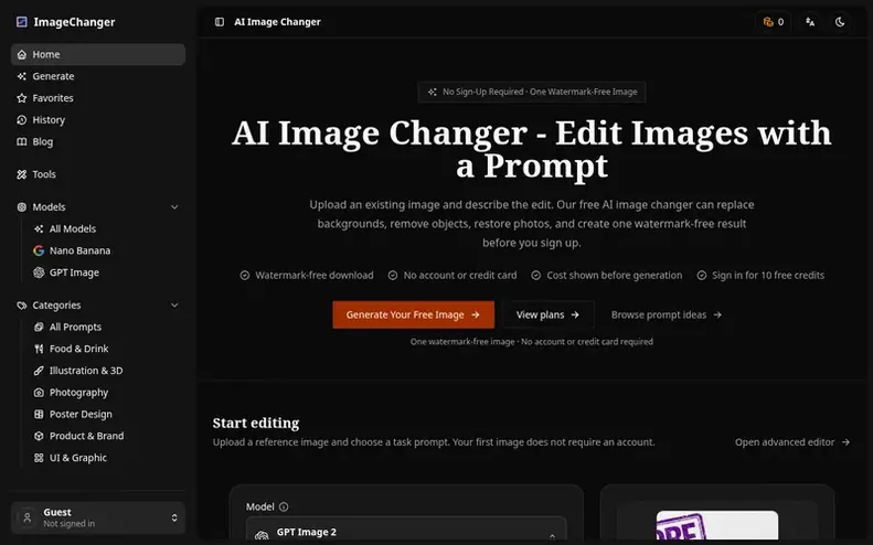 Screenshot of the ImageChanger homepage