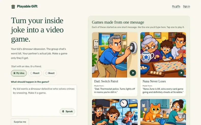 Screenshot of the Playable Gift homepage
