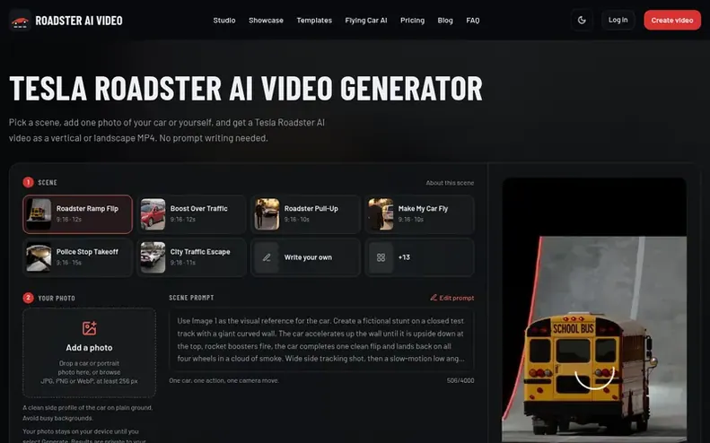 Screenshot of the Roadster AI Video homepage