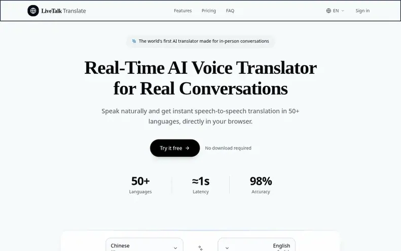 Screenshot of the LiveTalk Translate homepage