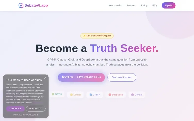 Screenshot of the DebateAI.app homepage