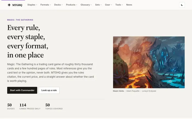 Screenshot of the MTGHQ homepage