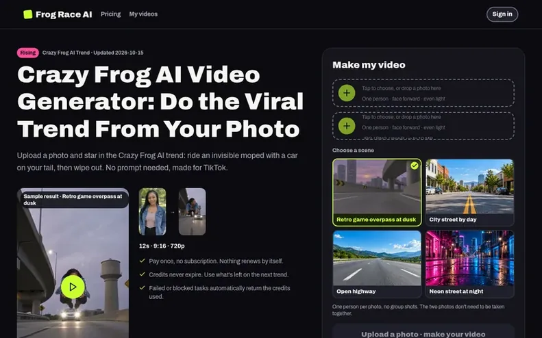 Screenshot of the Frog Race AI homepage