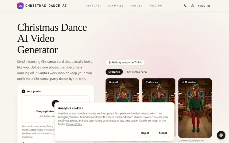 Screenshot of the Christmas Dance AI homepage