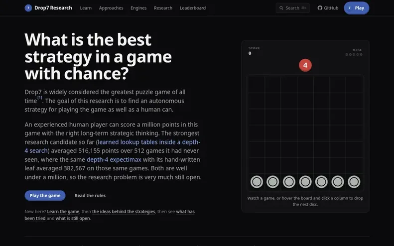 Screenshot of the Drop7 Research homepage