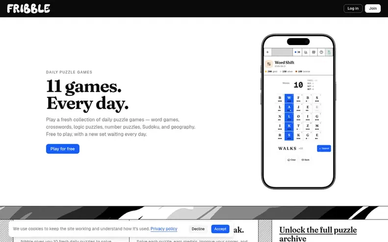 Screenshot of the fribble homepage