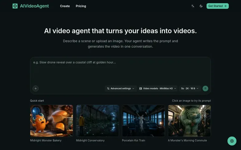 Screenshot of the AIVideoAgent homepage