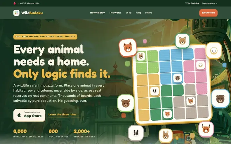 Screenshot of the Wild Sudoku homepage
