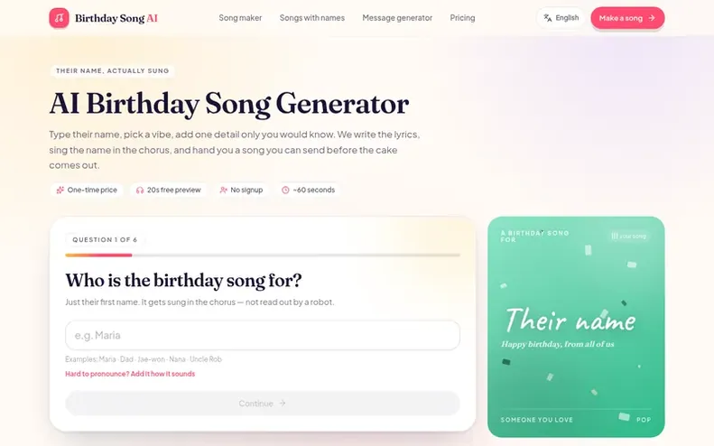 Screenshot of the AI Birthday Song Generator homepage