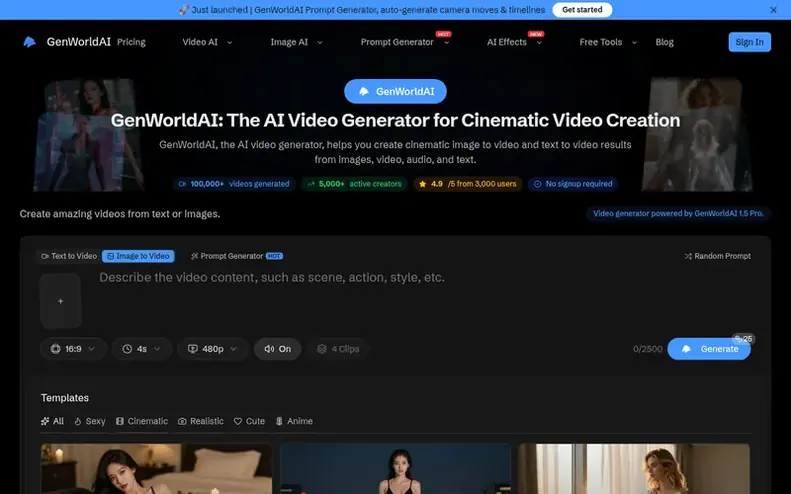 Screenshot of the GenWorldAI homepage