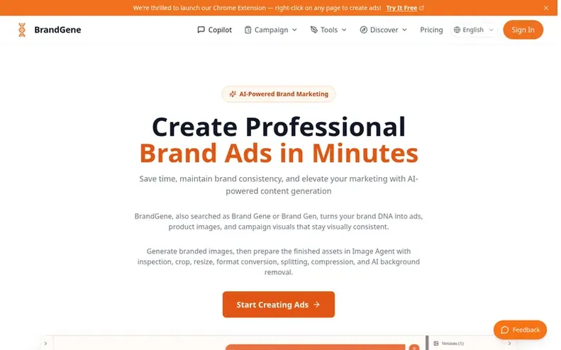 Screenshot of the BrandGene homepage