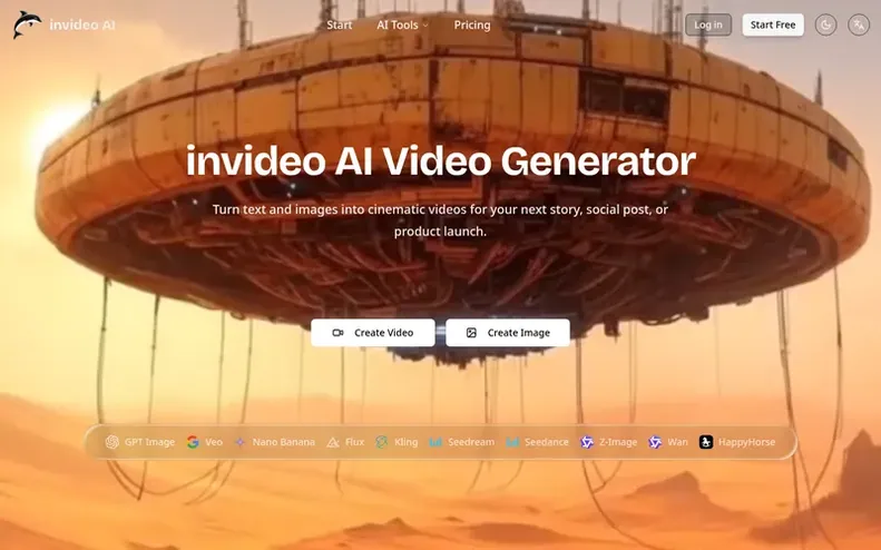 Screenshot of the invideo AI homepage