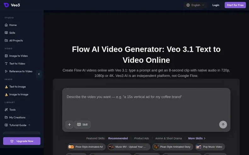 Screenshot of the Veo3 homepage