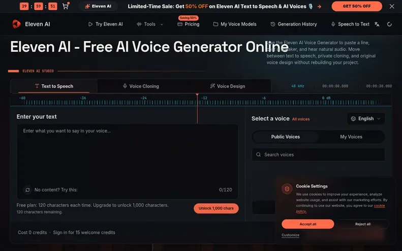 Screenshot of the Eleven AI homepage