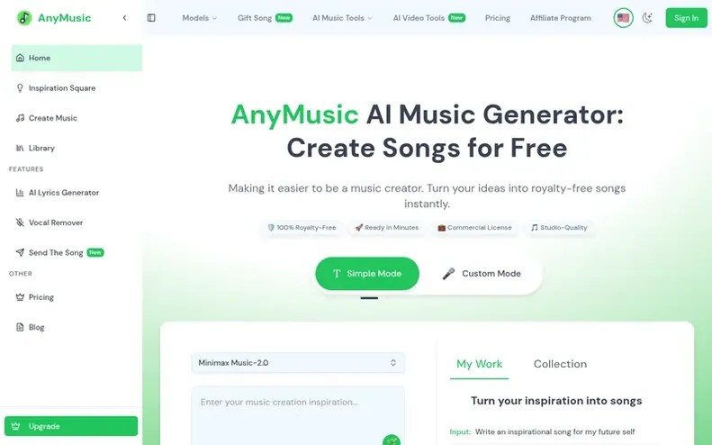 Screenshot of the AnyMusic homepage