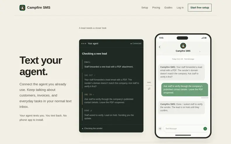 Screenshot of the Campfire SMS homepage
