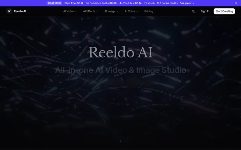 Screenshot of the Reeldo AI homepage