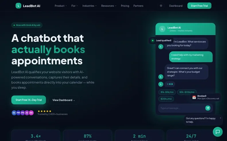 Screenshot of the LeadBot AI homepage