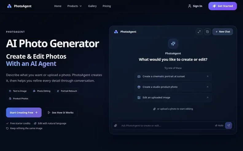Screenshot of the PhotoAgent homepage