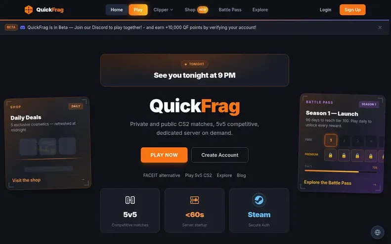 Screenshot of the QuickFrag homepage