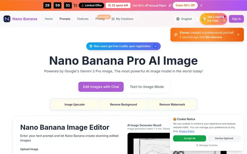 Screenshot of the Nano Banana homepage