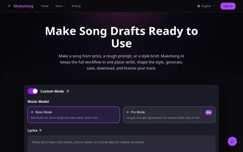 Screenshot of the MakeSong AI homepage