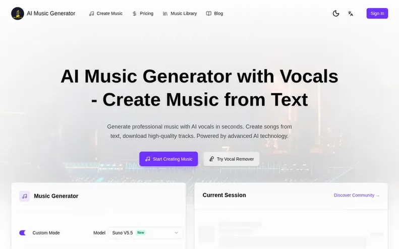 Screenshot of the AI Music Gen homepage