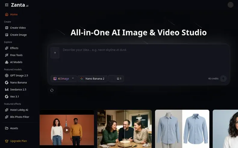 Screenshot of the Zanta AI homepage