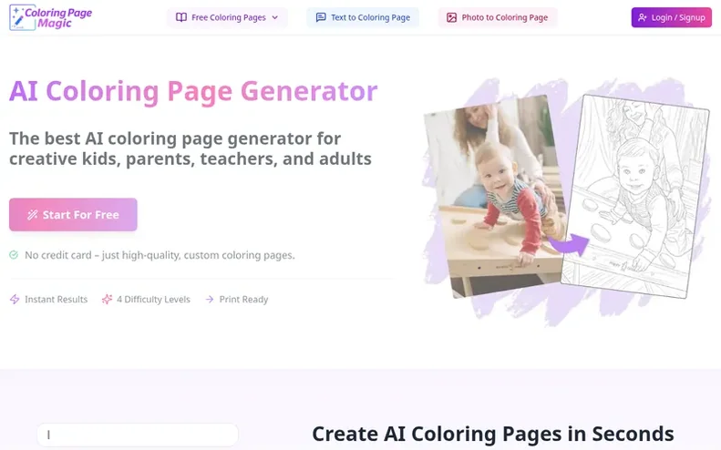 Screenshot of the Coloring Page Magic homepage