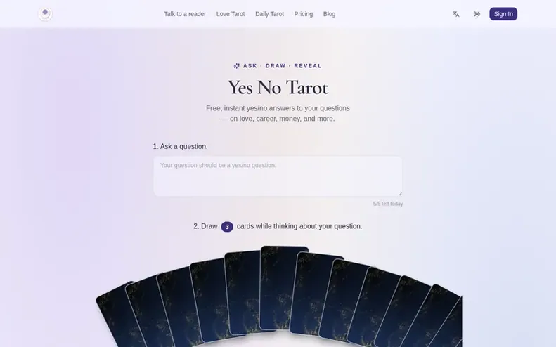 Screenshot of the Yes or No Tarot homepage